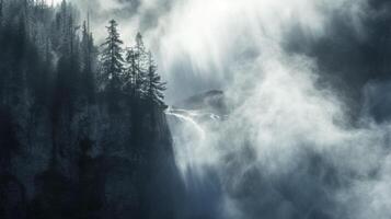 Sunlight illuminating the misty spray of a roaring waterfall creating a mystical and enchanting sight photo