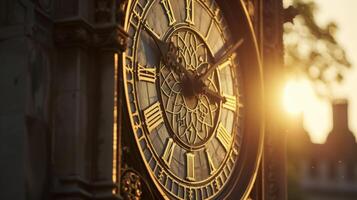 A timeless clocktower its face illuminated by the setting sun photo