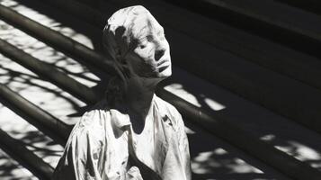 A street performer dressed as a living statue his stillness highlighted by the long shadows around him photo