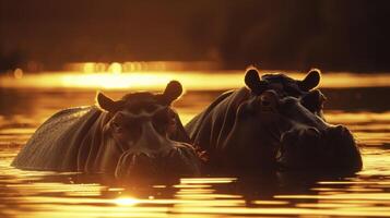 A pair of hippos bask in the warm light of the sunset their silhouettes creating a peaceful scene photo