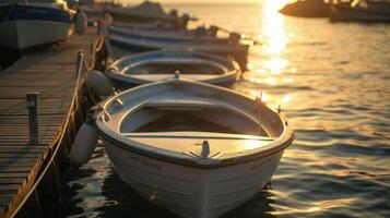 The gentle movement of boats tied to the pier swaying with the rhythm of the waves as the sun sinks lower in the sky photo