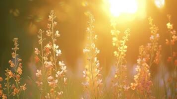 The tall gres and wildflowers are kissed by the warm light of the setting sun photo