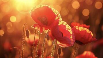 A of ruby red poppies their papery petals illuminated by the golden backlight photo