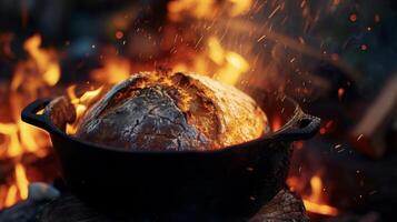 A golden brown loaf of freshly baked bread emerges from the depths of a crackling fire in a clic Dutch oven making for the perfect campfire treat photo