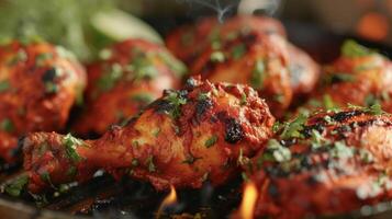 Freshlymade tandoori chicken with a crispy exterior and moist interior enhanced with a hint of smokiness from the traditional clay oven photo