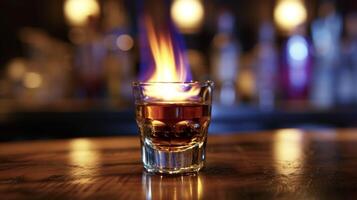Indulge in this blazing Sambuca shot where the rich licorice flavors are enhanced by the flickering flames that light up the room photo