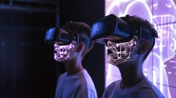 Virtual reality headsets display holographic simulations connected to IoT devices that provide sensory feedback allowing students t photo