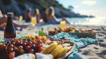 Background Gathering with friends on a sandy beach enjoying a picnic spread filled with fresh fruit cheese and cold drinks photo