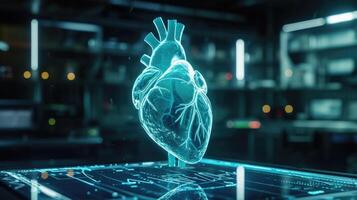 In a biology cl a hologram of a human heart is connected to IoT sensors that monitor its beating and display realtime data providin photo