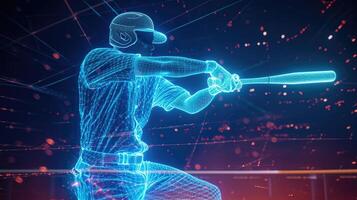 A baseball player practicing their swing with a holographic bat as the system tracks their bat speed launch angle and exit velocit photo