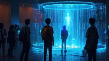 A holographic language tutor stands in front of students connected to IoT sensors that track their progress and offer personalize photo