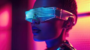 A futuristic holographic image of a model wearing a pair of smart gles that not only display notifications and messages but also adjus photo
