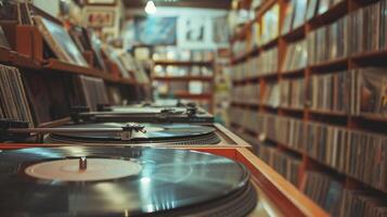 Background A vintage record store where the song Heartbreak Hotel by Elvis is playing on the turntable photo