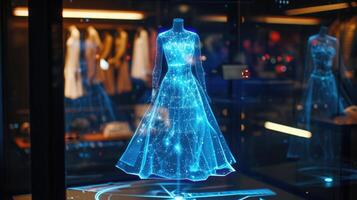 A hologram of a model showcasing a dress with embedded sensors that detect posture and provide feedback for better alignment photo