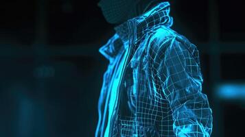 A hologram of a model wearing a jacket with embedded NFC technology allowing for contactless payments and easy access to events photo