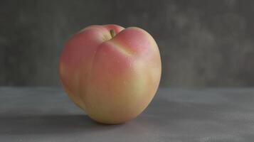 A side view of a peach captures the subtle gradient of color from its blush pink top to the creamy yellow bottom. The skin is slightly dimpled giving the fruit a texture photo