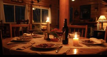 Background Having a romantic dinner with a loved one in a cozy cabin in the woods photo