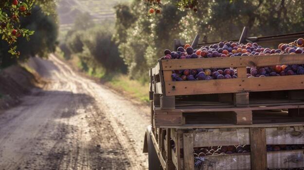 un de madera paleta en el espalda de un camión es apilado alto con cajas de ciruelas desbordante con su rechoncho y delicioso formularios el camión despacio hace sus camino abajo un enrollando foto