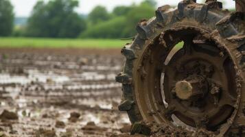 un lodoso metal tractor rueda adornado con profundo huellas y apelmazado con grumos de mojado suciedad desde el campos foto