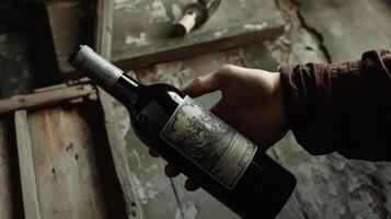 A hand reaching for a beautifully designed wine bottle label highlighting the exceptional quality and unique characteristics of the vintage photo