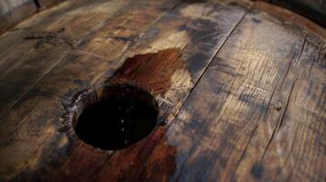 A barrel with a small amount of wine seeping out indicating that the barrel is being used for aging and maturing the wine. The wood around the hole is slightly darker an photo