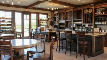 An elegant tasting room with polished wooden tables and shelves adorned with bottles of various wine varietals inviting visitors to sit and savor photo