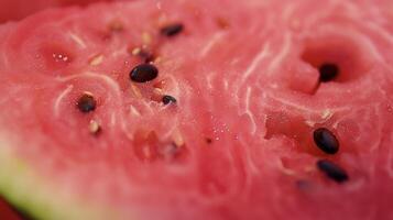 A closeup of a large juicy watermelon slice revealing its crisp pink with small black seeds tered throughout ripe for the picking photo