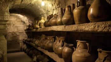 Layers of clay pots and jugs are arranged in a dimly lit cellar each carefully labeled and filled with freshly fermented wine photo