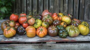 A medley of multicolored heirloom tomatoes are piled high on a weathered wooden table each one unique in its size shape and pattern fresh from the local farm and ready t photo