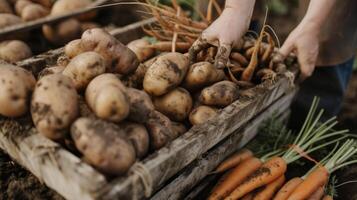 A closeup of freshly dug potatoes still speckled with bits of dirt and roots arranged in a rough pile on a wooden cart. Nearby a farmers hand holds a freshly picked carro photo