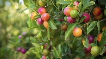 A vividlyhued fruit tree showcasing an array of brightly colored fruits including shades of magenta chartreuse and bright orange amidst a sea of emerald green leaves photo