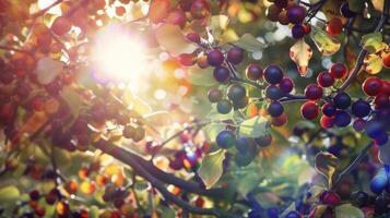 Sunlit branches of a tree heavily laden with ripe fruits in a rainbow of vibrant colors including shades of crimson lime green and deep purple photo