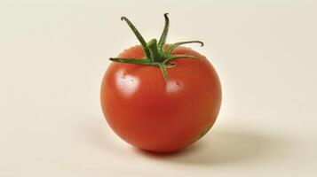 A juicy red tomato with vibrant green stem and delicate seeds visible on the surface photo
