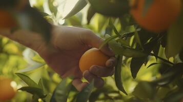 A close up of a hand gently twisting and pulling a ripe orange from a towering tree its vibrant color standing out against the green foliage photo