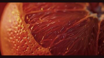 Deep red and ripe a orange is showcased in all its juicy glory. The camera captures the intricate patterns on its skin hinting at the tangy and slightly bitter taste tha photo