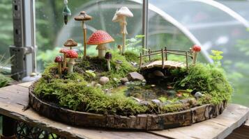 A small mosscovered fairy garden rests on a wooden shelf. Tiny mushrooms a quaint bridge and a miniature pond create a whimsical scene within the gl walls of the greenhouse photo