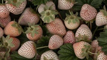 A grouping of tiny pale pink strawberries intricately patterned with seeds and nestled on a bed of green leafy stems photo