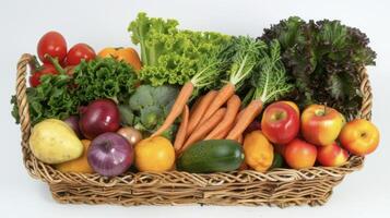 el vibrante colores de un variedad de frutas y vegetales en un cesta recién escogido y Listo a ser disfruté. el diferente texturas formas y tamaños representar el diversificar foto