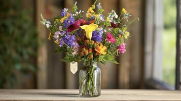 A beautifully arranged bouquet of wildflowers in a gl vase with a note attached that reads picked from my backyard garden. The mix of different shapes colors and scents highlight photo