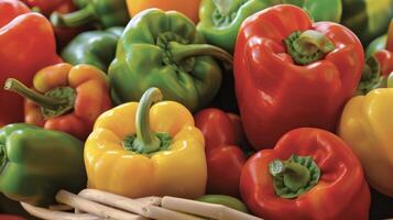 A colorful array of peppers ranging from mild green to y red all packed together in a basket. Each pepper has unique patterns and textures adding to the appeal of the backyar photo