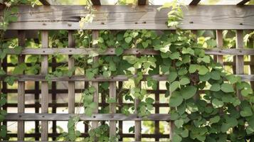 A rustic wooden trellis supports a flourishing m of climbing green beans their fuzzy vines weaving together to create a picturesque scene. These beans along with other vegetable photo