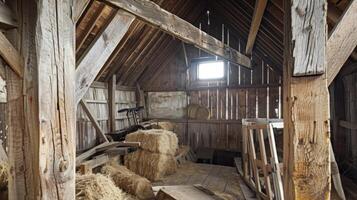 A view of a rustic barn loft with old hay bales and farming equipment stored inside. Cracks in the wooden beams reveal the ping of time photo