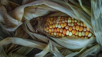 A macro image of a large ear of corn its golden kernels plumping up and bursting forth from the tightly wrapped husk photo