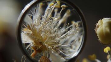 A magnifying gl revealing the intricate details of a blooming flower from the delicate s on its petals to the tiny hairs on its stems photo