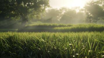 Growing bright in the warm sunlight the rice paddies sway gently in the breeze creating a peaceful symphony of movement photo