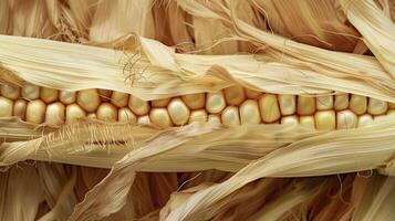 A section of a corn stalk with the husk peeled back revealing the intricate patterns of the goldencolored silk and the tightly packed rows of kernels within photo
