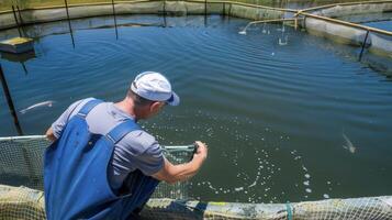 A farmer checks the water quality in a large outdoor aquaculture pond making sure the conditions are ideal for the healthy growth and reproduction of their fish photo