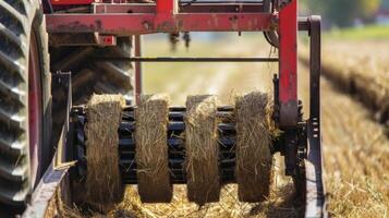A closeup of a hay baler in action its mechanical arms scooping up hay and tightly compressing it into large cylindrical bales. The machines movements are synchronized an photo