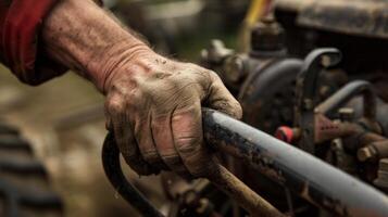 un de cerca de un mano alcanzando fuera a ajustar el control S en un tractor el áspero textura de el agricultores trabajo guantes contrastando con el suave metal palancas y s. el granjero foto