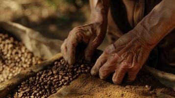 A closeup of worn calloused hands sorting through freshly picked coffee beans separating the high quality beans from the damaged or defective ones photo